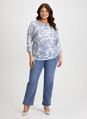 Paisley Print 3/4 Sleeve T-Shirt & Straight Leg Jeans