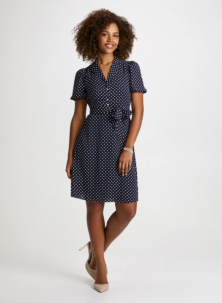 Dotted Notched Collar Dress & Ball Drop Earrings