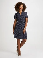 Dotted Notched Collar Dress & Ball Drop Earrings