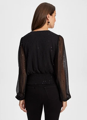 Sequin Detail Mesh Sleeve Top