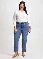 Striped Jacquard Top & Slit Hem Jeans