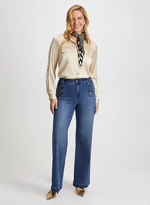 Satin Button Down Blouse & Wide-Leg Jeans