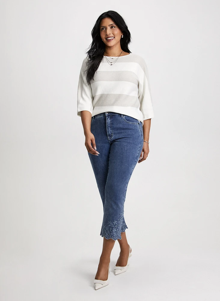 Striped Boat Neck Sweater & Embroidered Straight Leg Jeans