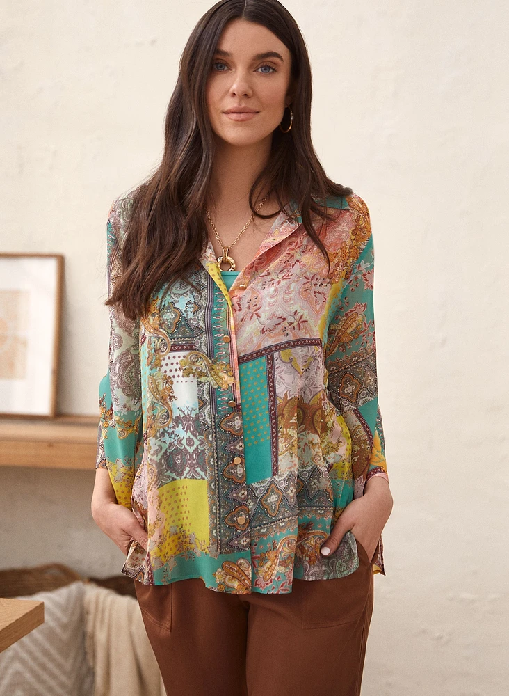 Patchwork Print Button-Up Blouse