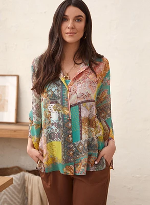 Patchwork Print Button-Up Blouse