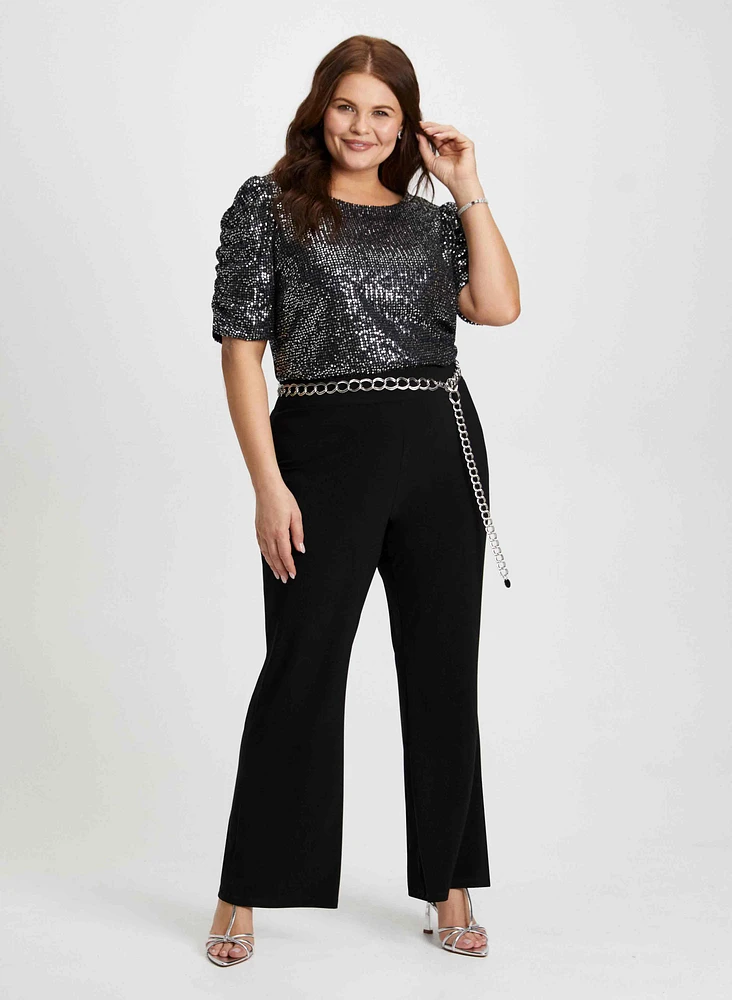 Shirred Sleeve Sequin Top & Flare Pants