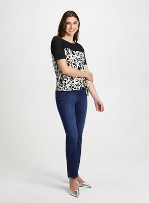 Tie Detail Floral Print Top & Embroidered Jeans