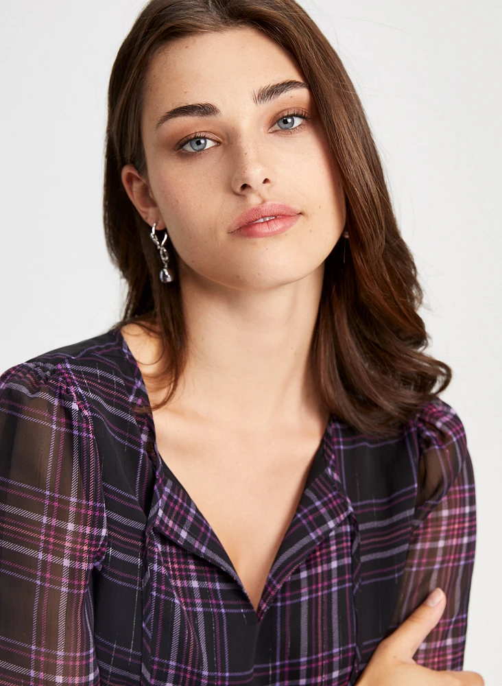 Keyhole Detail Plaid Print Blouse