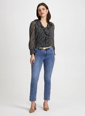 Leaf Print Blouse & Button Hem Jeans