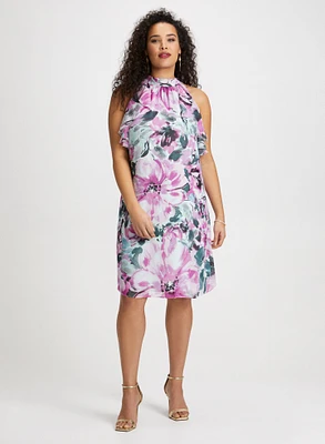 Floral Mock Neck Dress & Cluster Detail Earrings