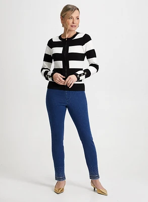 Stripe Print Cardigan & Sequin Hem Jeans