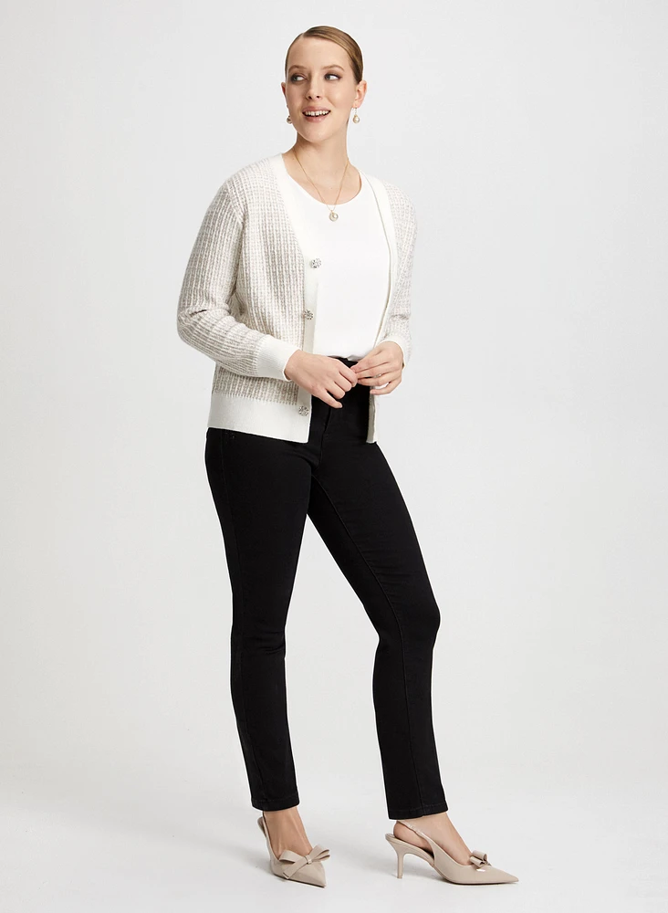 Jewel Button Cardigan & Straight Leg Jeans