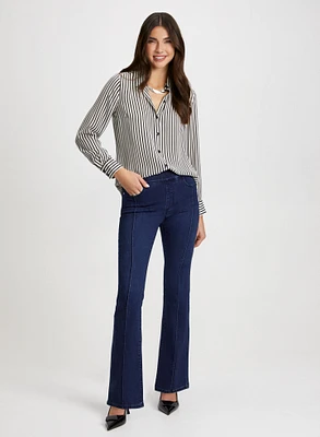 Stripe Print Blouse & Pull-On Bootcut Jeans