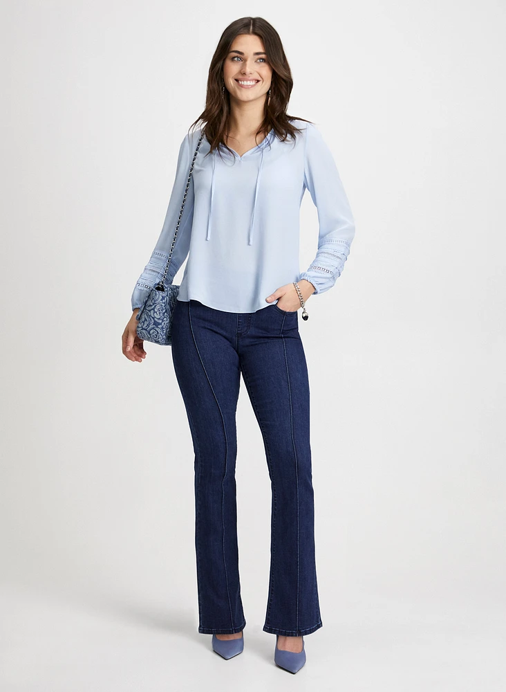 Drawstring V-Neck Top & Bootcut Jeans