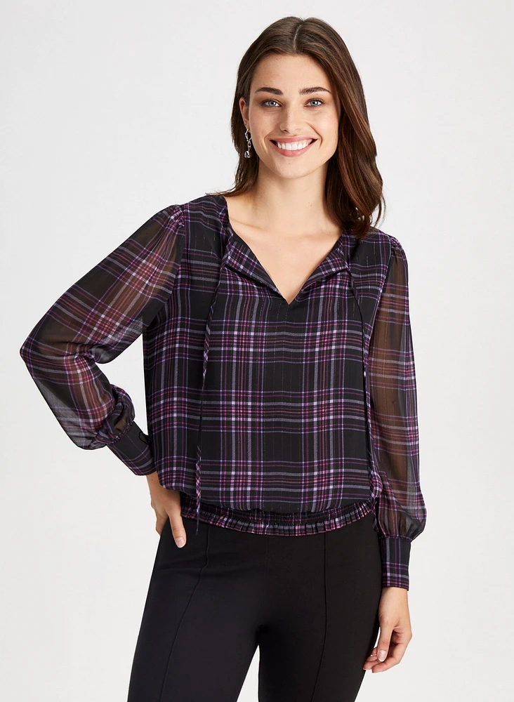 Keyhole Detail Plaid Print Blouse