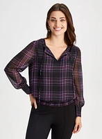 Keyhole Detail Plaid Print Blouse