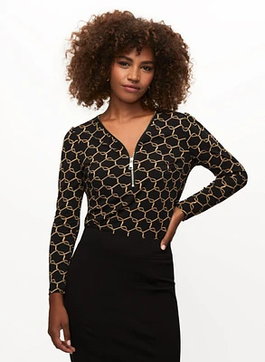 Geometric Print Zip Front Top