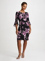 Rose Print Flutter Sleeve Dress & Clover Button Earrings