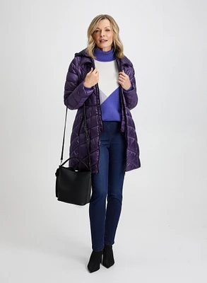 Manteau mi-long avec pull à blocs de couleur et jean