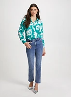 Floral Print Blouse & Button Hem Jeans