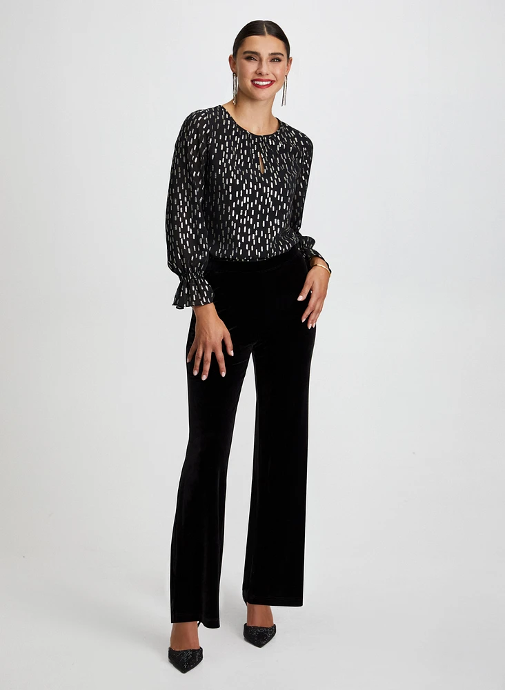 Metallic Print Blouse & Velour Pants