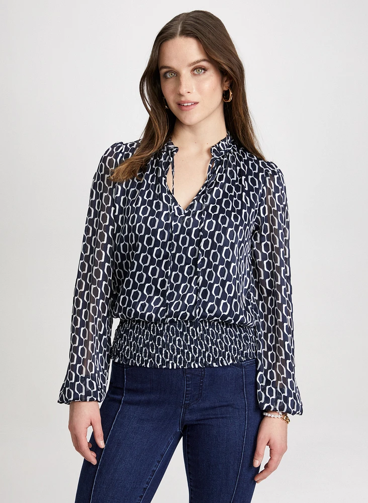 Smocked Waist Geometric Print Blouse