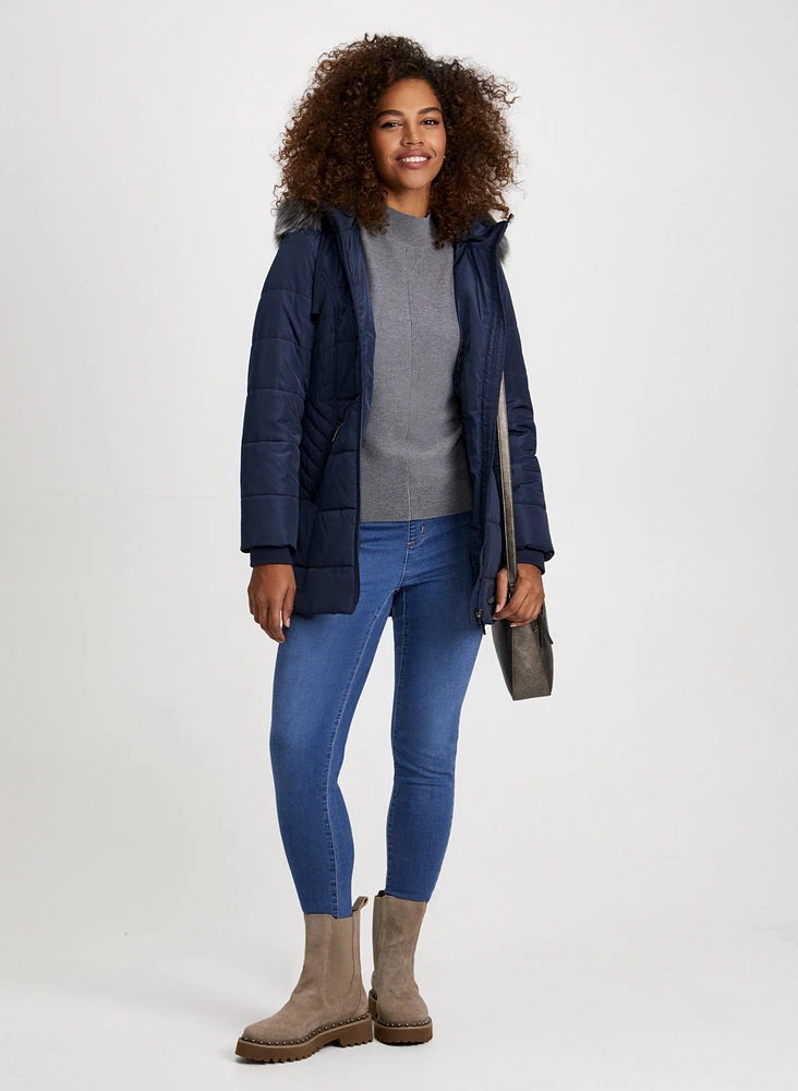 Quilted Coat With Contrast Stripe Sweater & Pull-On Jeans