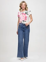 Floral Print Drawstring Tee & Wide Leg Jeans