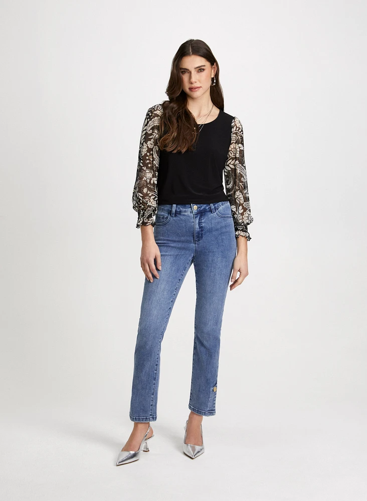 Paisley Mesh Sleeve Top & Button Hem Jeans