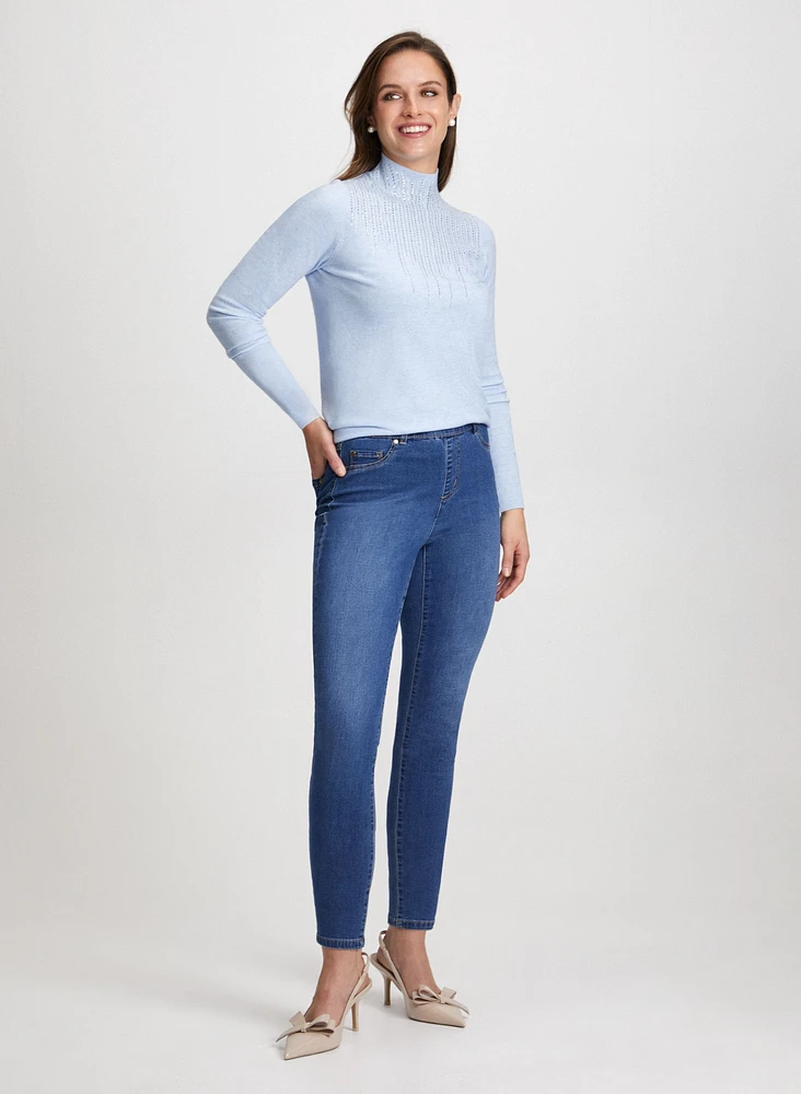 Rhinestone Motif Sweater & Slim Leg Jeans