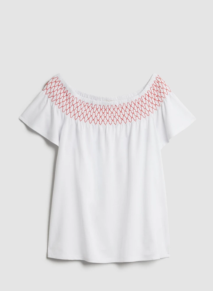 Embroidered Off-the-Shoulder Tee