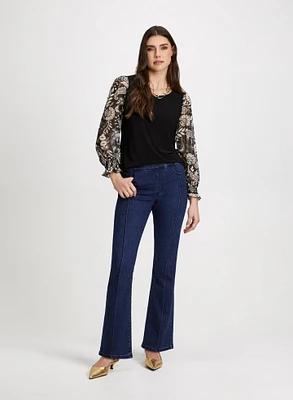 Paisley Mesh Sleeve Top & Bootcut Jeans