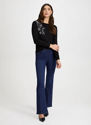 Rhinestone Detail Tee & Pull-On Bootcut Jeans