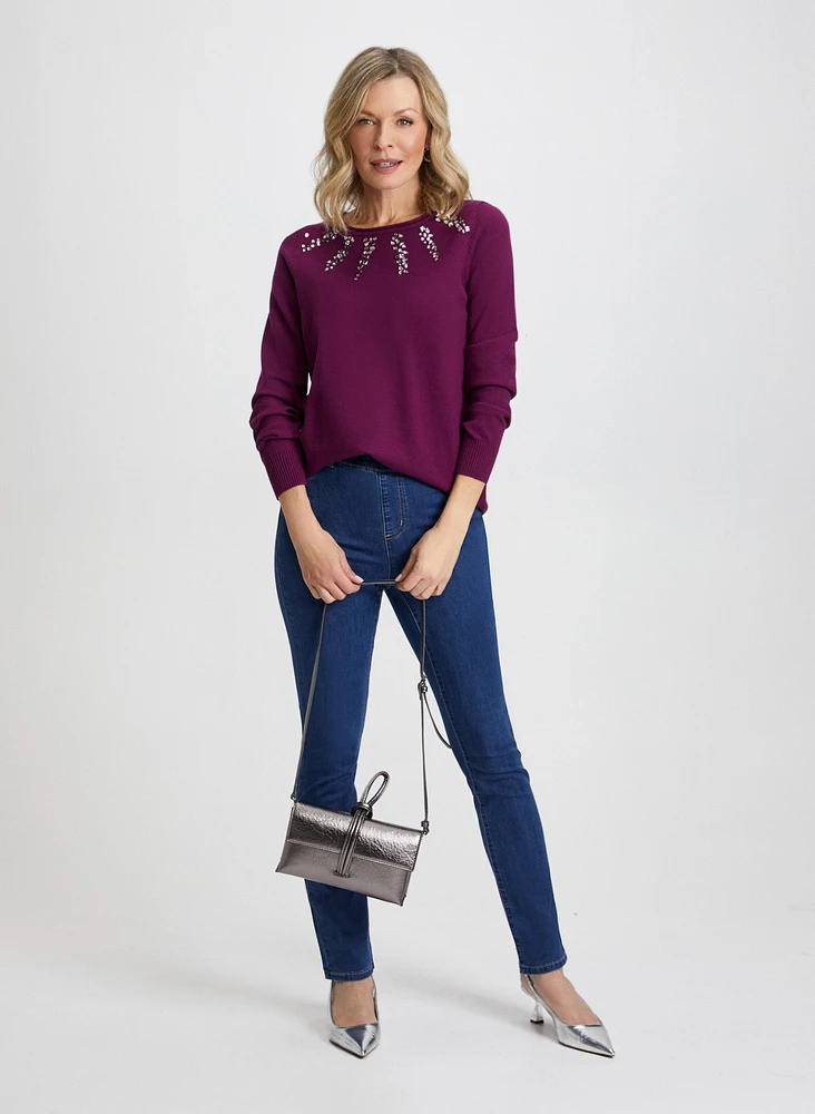 Rhinestone Detail Sweater & Straight Leg Pull-On Jeans