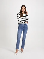 Stripe Print Top & Button Hem Jeans