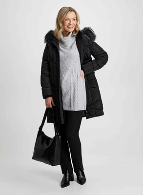 Quilted Coat, Tunic Sweater & Slim Leg Pants