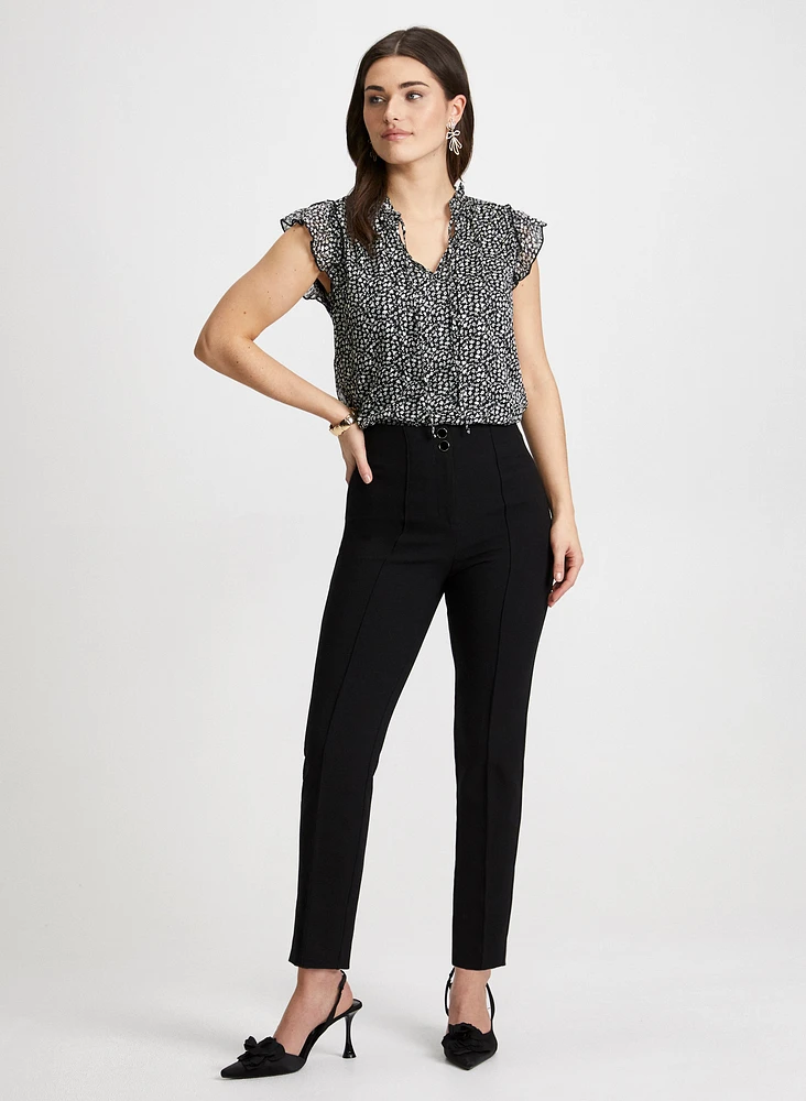 Split Neck Floral Print Blouse & Slim Leg Pants