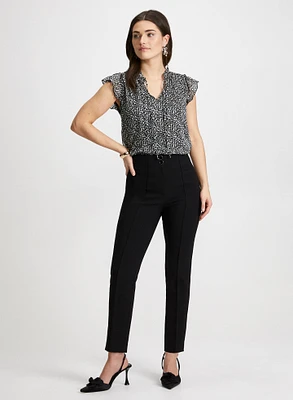 Split Neck Floral Print Blouse & Slim Leg Pants