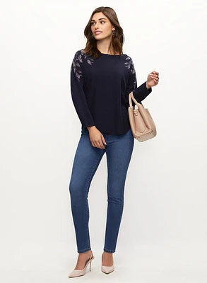 Leaf Motif Sweater & Slim Leg Jeans