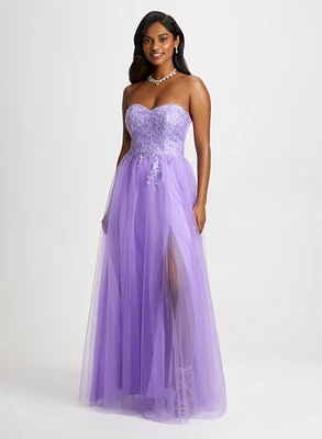 Robe bustier avec jupe en tulle et appliques florales