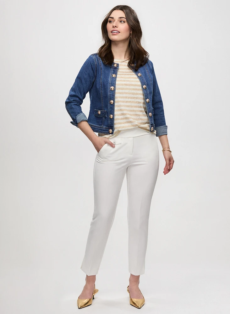 Button Trim Denim Jacket & Slim Leg Ankle Pants