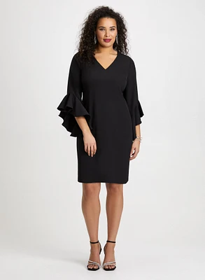 Ruffled Bell Sleeve Dress & Crystal Strand Earrings