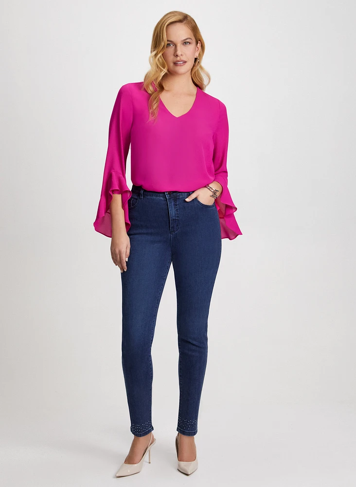 Flutter Sleeve V-Neck Blouse & Bow Detail Jeans