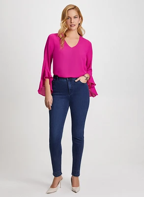 Flutter Sleeve V-Neck Blouse & Bow Detail Jeans