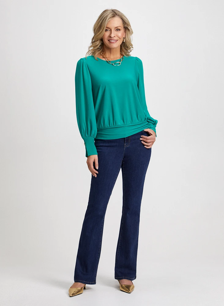 Button Cuff Top & Bootcut Jeans