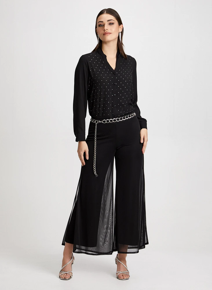 Tie Neck Blouse & Chiffon Overlay Pants