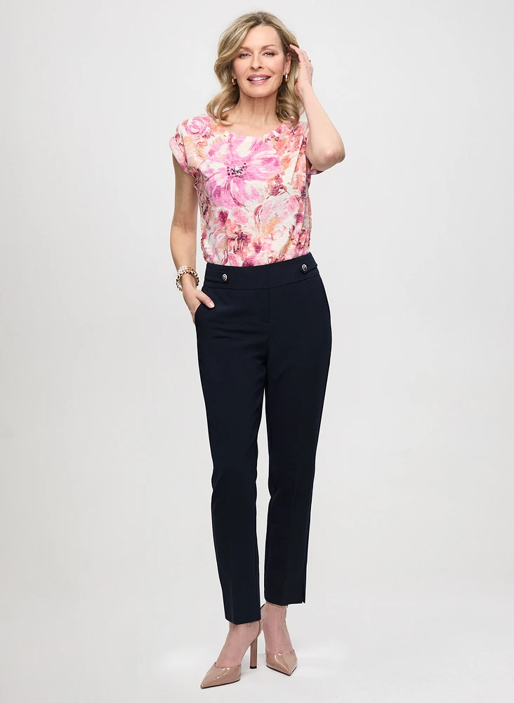 Floral Print Burnout Tee & Slim-Leg Ankle Pants