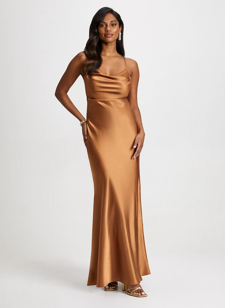 Drape Neck Satin Dress & Linear Stone Earrings