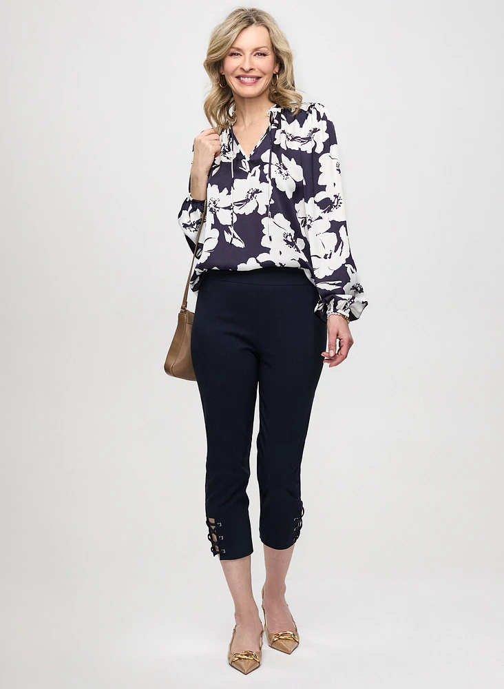 Ruffle Detail Satin Blouse & Pull-On Bengaline Capris