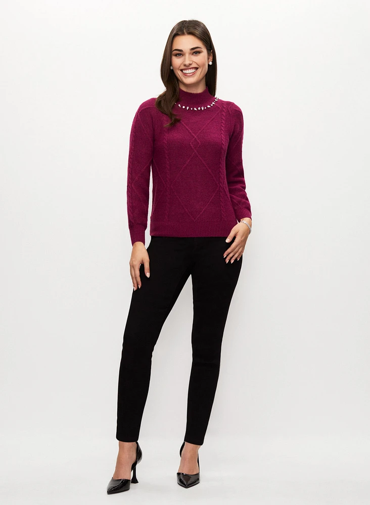 Rhinestone Detail Sweater & Pull-On Slim Leg Jeans